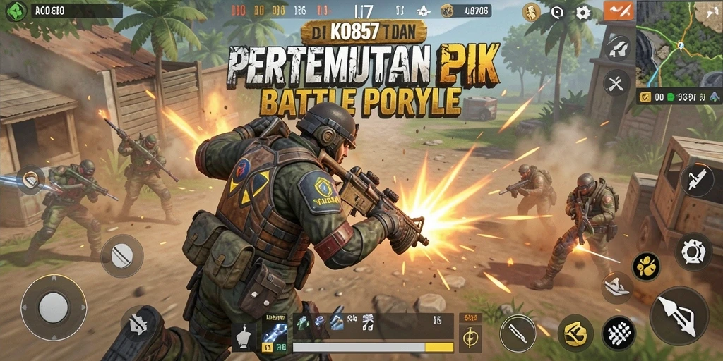 Tampilan tangkapan layar utama KO857 menunjukkan aksi pertempuran seru di arena Battle Royale.