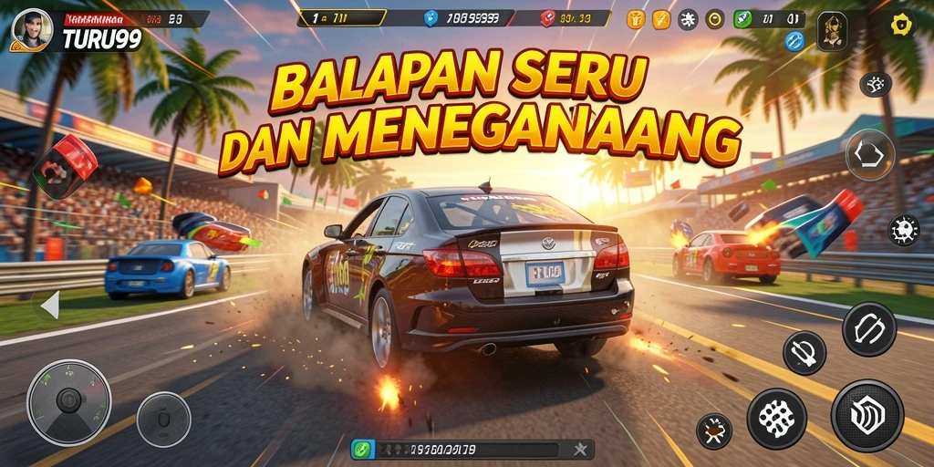 Tampilan gameplay <strong>TURU99</strong> yang menegangkan saat balapan.